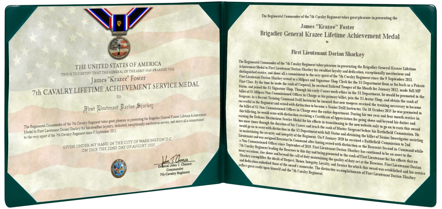 Example of the BG James "Krazee" Foster Lifetime Achievement Medal Presentation