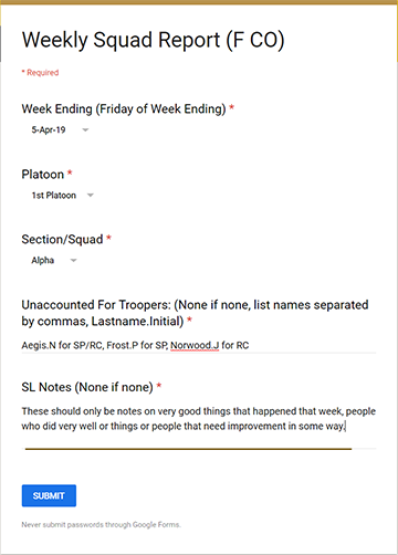 This is what a completed weekly report should look like.